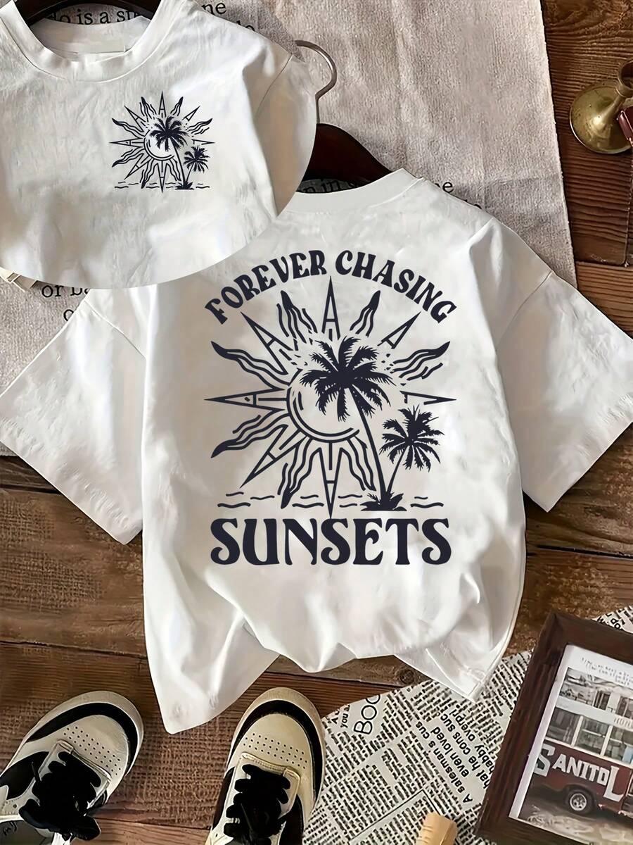 100% Cotton Women's T-Shirts 2026 Creative Coconut Tree Print Women's T-Shirt, Comfortable And Colorful Korean Style T-Shirts - White - View 1