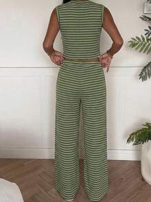 Conjunto de 2 piezas para mujer, top sin mangas a rayas y pantalones, casual - Verde - Ver 2