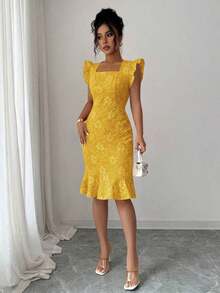 Vestido elegante de jacquard para ir al trabajo, verano - Amarillo - Ver 3