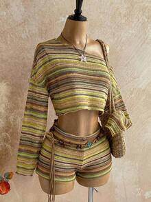 Casual 2-Piece Set Consisting Of A Cropped Top With An Irregular Neckline And Lettuce Hem, And Shorts, In A Solid Color, For Vacation, Spring/Summer - 橄欖綠 - 查看 7