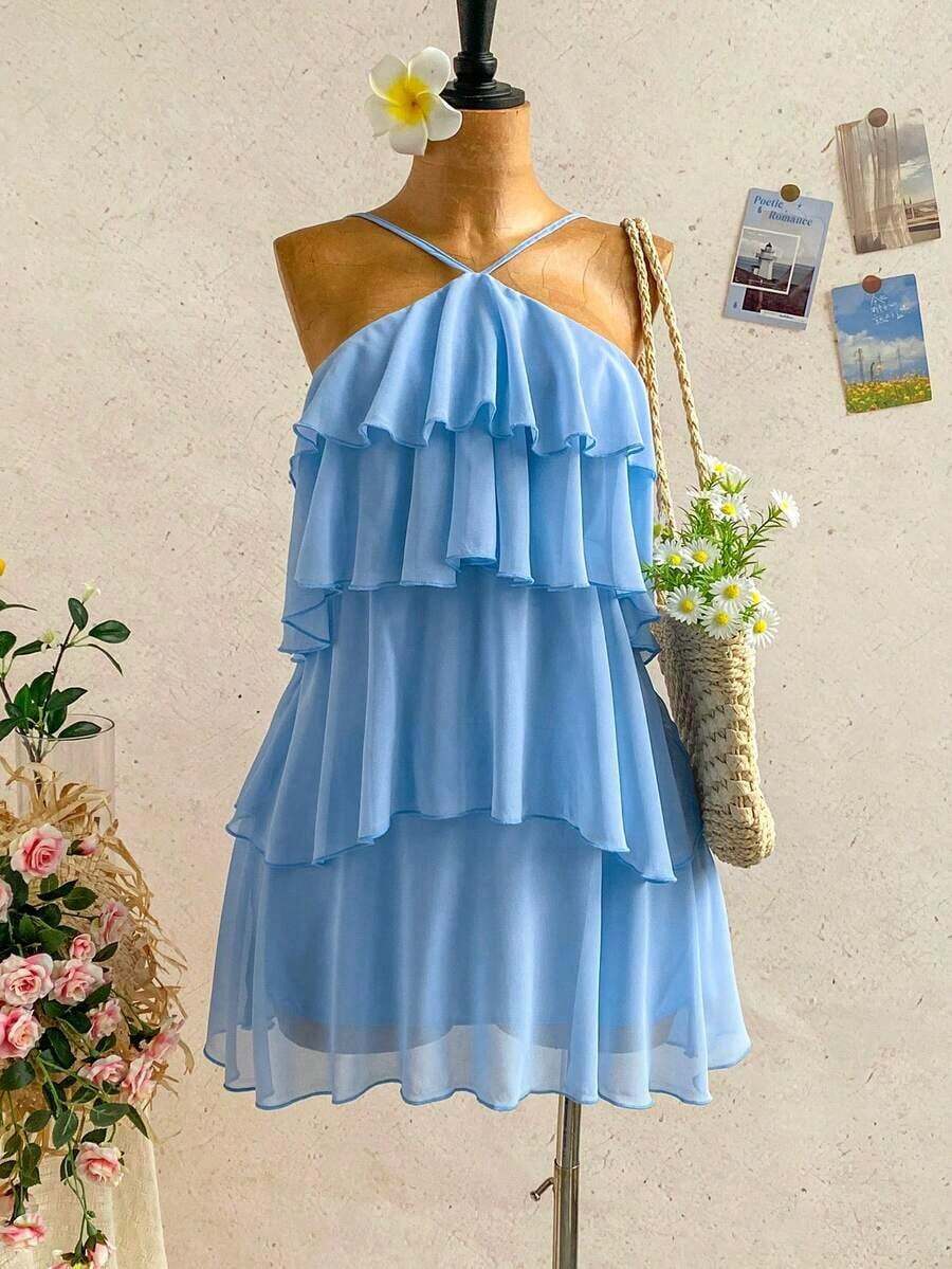Nuevo vestido elegante y romántico para invitados de boda, de unicolor, con espalda descubierta, multicapa con volantes de gasa, minivestido, adecuado para estilo bohemio, boho, flores románticas, vacaciones, fiestas florales, citas, San Valentín, - Celeste - Ver 1