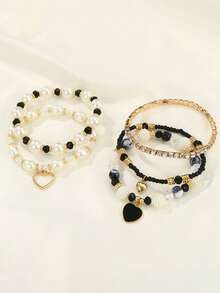 5pcs Pearl & Crystal Beaded Brown Bracelet Set, Fashionable Multifunctional Stacking Bracelets For Girl - Black - View 5