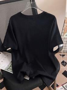 Camiseta manga corta cuello redondo 100% algodón, estampado trendy, tejido ligero y ventilado, estilo moda casual, apta para vida diaria, salidas informales y citas en primavera, verano y otoño - Negro - Ver 2