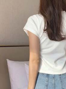 Camiseta básica de mujer de cuello redondo de unicolor de manga corta, blanca, para primavera/verano, de estilo casual de oficina - Blanco - Ver 2