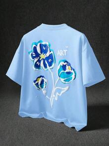Camiseta de manga corta con estampado floral en relieve, estilo urbano, para hombres y mujeres, adecuada para actividades al aire libre, festivales de música, uso diario y reuniones con amigos. - Azul cielo - Ver 2