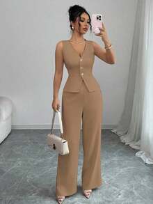 Conjunto de camiseta sin mangas y pantalones elegante para mujer, estilo de oficina y transporte, atuendo de otoño para maestros - Mostaza Amarilla - Ver 1