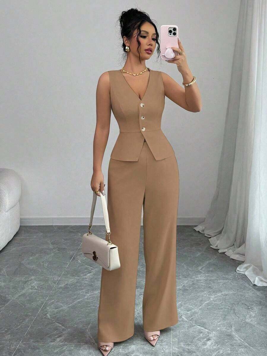 Conjunto de camiseta sin mangas y pantalones elegante para mujer, estilo de oficina y transporte, atuendo de otoño para maestros - Mostaza Amarilla - Ver 1
