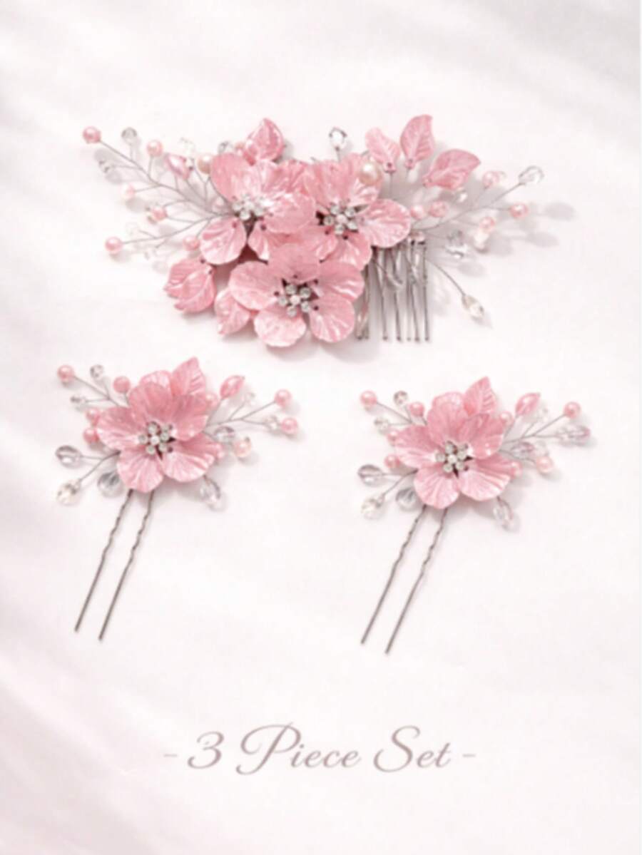 3件套浅粉色花朵和仿珍珠手工发梳,适合女性、节日、生日佩戴 - 彩色 - 查看 1