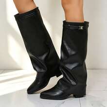 FEIAONI Black Pointed Toe Pleated Thigh High Boots, Soft Leather, Slim Fit Riding Boots For Spring & Autumn - Black - View 2