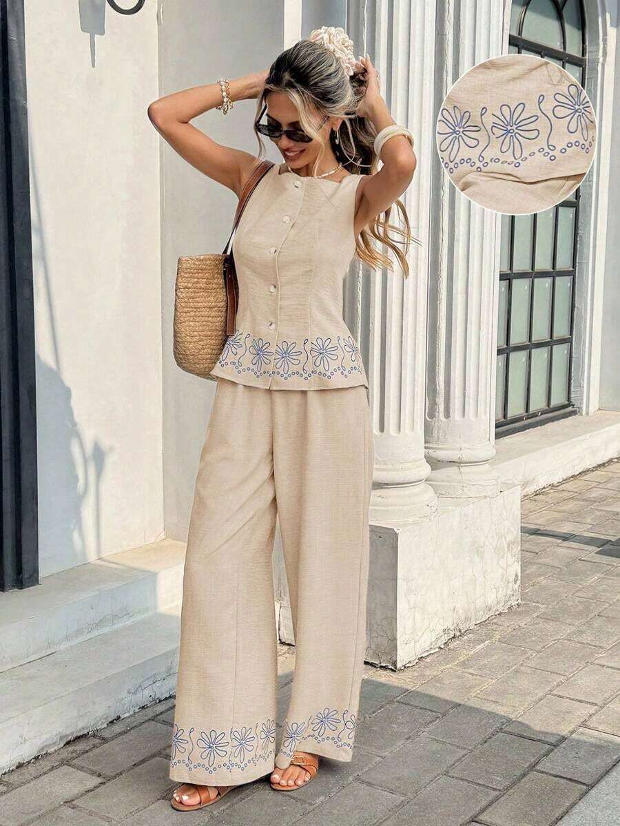 Conjunto casual de 2 piezas con blusa de un solo pecho con estampado floral y pantalones de pierna ancha para mujer - Caqui - Ver 1