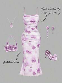 Vestido ajustado de malla con volantes y estampado floral para mujeres, vestidos elegantes para mujeres, ropa de mujer, vintage, ropa hippie, vestido para baile de máscaras - Púrpura malva - Ver 7