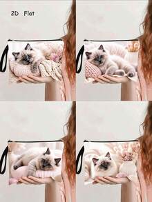 1 Pieza Bolsa de Cosméticos con Estampado de Gato Muñeca Suave y Lindo | Embrague de Gato Suave | Organizador de Artículos de Tocador de Viaje | Regalo Dulce para Mujeres - Multicolor - Ver 1