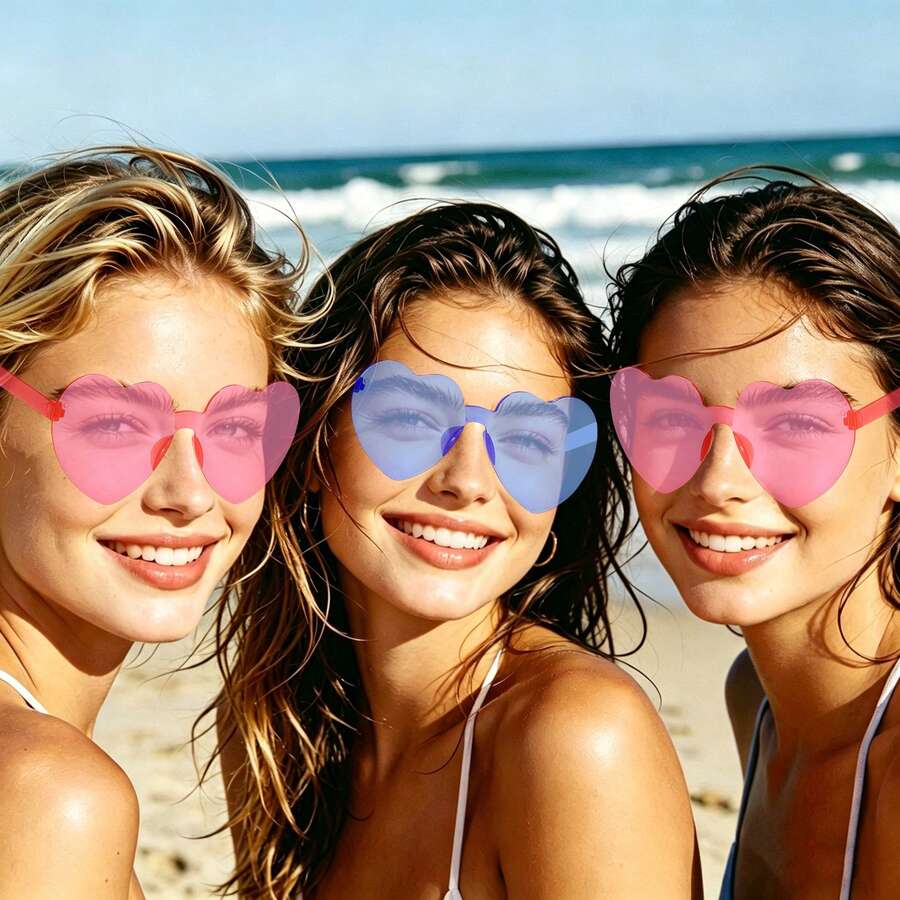 3/15/19 pièces Lunettes sans cadre en forme de cœur, accessoires photo de fête, set de lunettes en forme de cœur, lunettes rétro en forme de cœur, lunettes hippie, design de cœur des années 90, convient pour les fêtes, mariages, carnavals, Halloween - Lunettes en forme de cœur - Voir 1