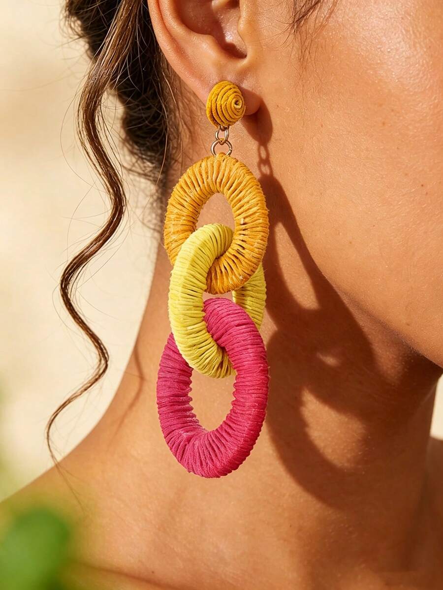 2 Peças Brincos Coloridos Feitos à Mão, Trançados, Exagerados, Multi-Argolas, Adequados para Férias na Praia