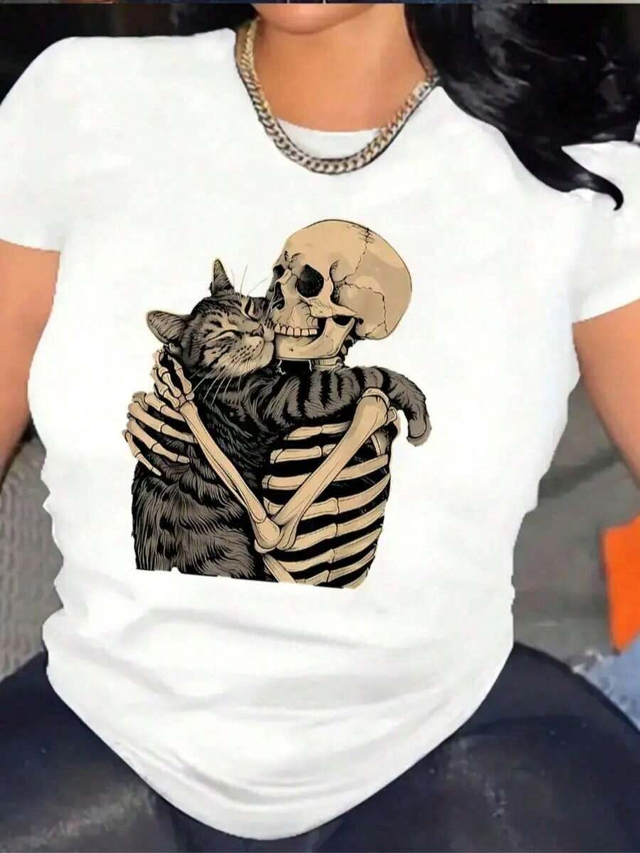 Camiseta de manga corta casual, cómoda y versátil para mujer con estampado de calavera y gato, adecuada para el hogar y el exterior 1 Sexy Casual Fiesta Dulce Elegante Alta elasticidad Playa Noche de fiesta Vacaciones Boda Deportivo Calle Sesión de fotos Formal y de noche Luna de bebe verano HalloweenPure-Cotton
