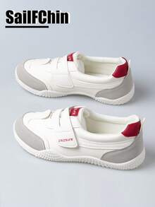 Hook-and-Loop leicht an-/ausziehbare Farbblock Sneaker | Farbblock Riemchen Schuhe mit roter Ferse | Rutschfeste, bequeme Schul- und Alltagsschuhe für Frauen mit Hook-and-Loop Verschluss | Farbblock Riemchen Schuhe mit roter Akzentfarbe | Rutschfeste, bequeme Alltagsschuhe zum Spazierengehen - Weiss - Übersicht 2