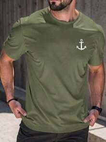 Men's Short-Sleeved T-Shirt With A Round Neck And Simple Design - 軍綠色 - 查看 12