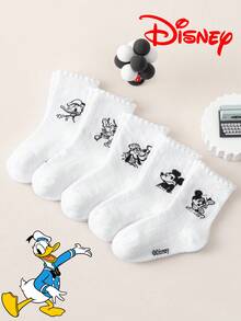Disney 10/5/1 双迪士尼卡通人物中筒袜，迪士尼标志黑白复古线条艺术印花，荷叶边透气棉袜，学生日常穿着，春夏透气吸湿 - 彩色 - 查看 3