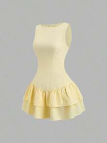 Sweetro Vestido mini de línea A con doble capa de volantes, elegante, romántico, juguetón, lindo, bohemio, adecuado para festivales de música, vacaciones, citas, viajes y trabajo.Apto para primavera, verano, otoño e invierno. - Amarillo claro - Ver 3