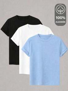 Prenda individual, no un conjunto de 3 piezas, 1 piezas/set de camisetas de manga suitable for streetwear, daily outings, camping, concerts, hip-hop, rock, and rap events set pack conjunto camiseta casual de mujer de unicolor, cuello redondo, manga corta, versátil - Negro - Ver 7