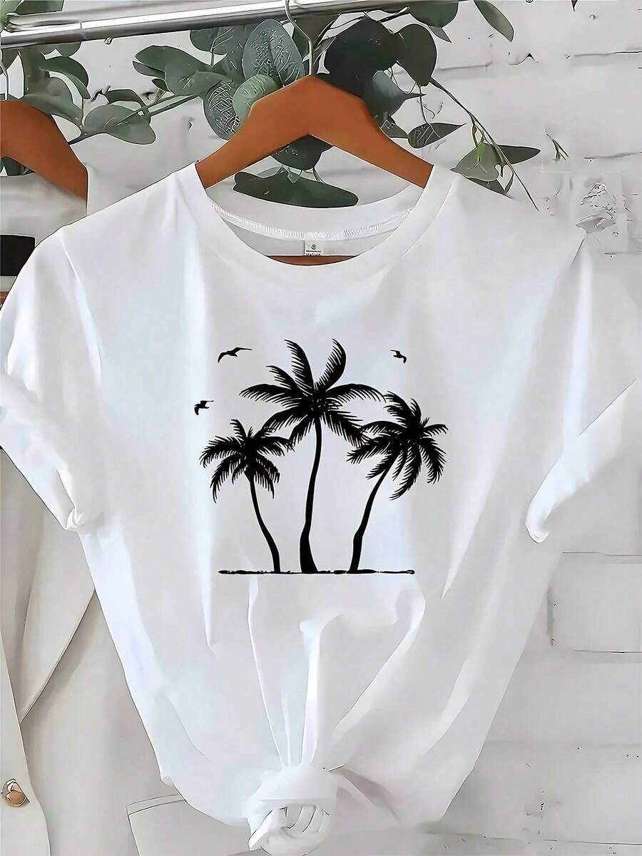 Camiseta Casual de Verano con Estampado de Palmera Tropical | Camiseta casual de manga corta con cuello redondo, mezcla elástica, lavable a máquina, blanca con estampado negro, perfecta para primavera/verano/otoño, top de primavera-verano. | Camiseta con Estampado Tropical | Camiseta de manga corta con cuello redondo, de algodón suelto, estilo vintage urbano, unisex, de tela elástica. - Blanco - Ver 1