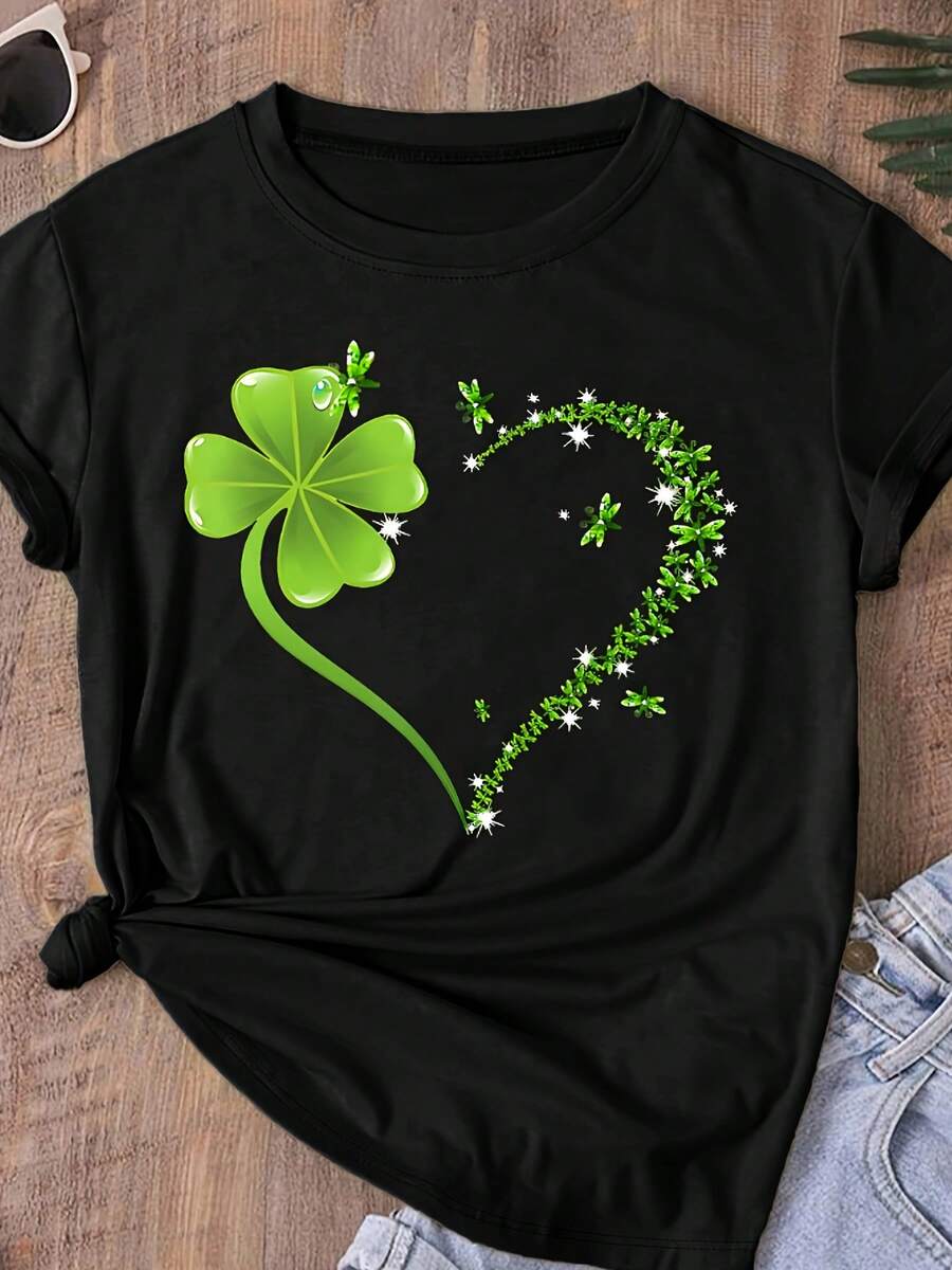 Plus Size T-Shirt With Clover And Heart Print, Fitted Cut And Round Neck - Spring-Summer Top For Women Available In Plus Sizes. - Black - View 1