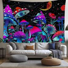 1pc Gradient Mushroom Tapestry Starry Sky Wall Hanging Moon And Butterfly Design Colorful Mystical Wall Decor For Bedroom Living Room Hippie Boho Black Background Tapestry - K - View 2
