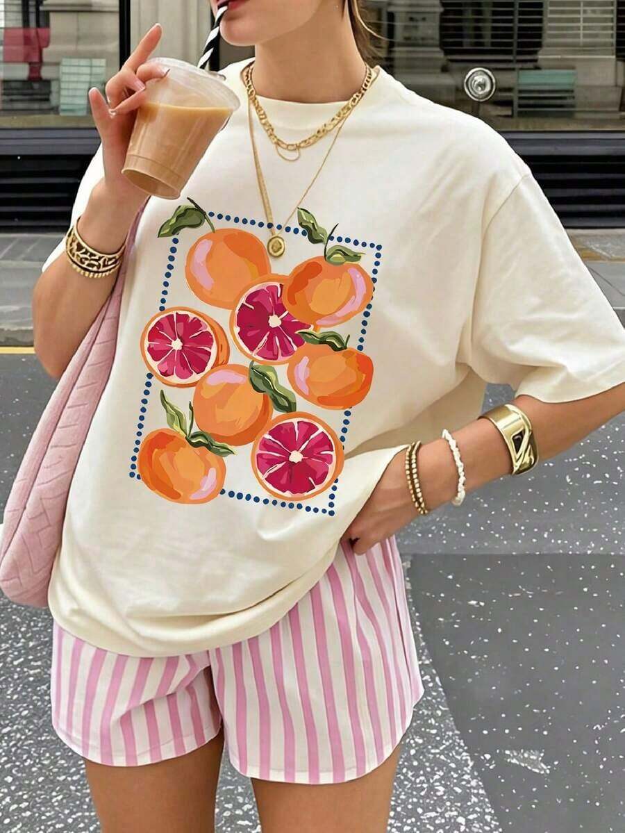 1 pieza de camiseta de manga corta con cuello redondo y estampado naranja, estilo casual de verano, moderna y versátil para mujer. - Albaricoque - Ver 1