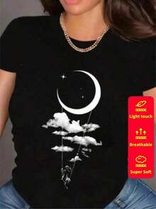 1 Pc Women's Short-Sleeved T-Shirt, Round Neck, 100% Cotton, Loose Fit, Casual And Versatile Style With Modern Print. 180g 100% Cotton - 5 - 查看 2