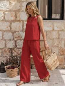 Faunlyn Top tank unicolor & Pantalones de pierna ancha - Rojo - Ver 5