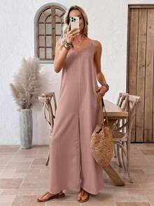 Mono Casual de Pierna Ancha con Bolsillos en Color Sólido para Mujer - Rosa vieja - Ver 4