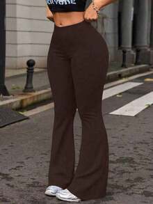 Leggings de yoga de cintura alta de unicolor con campana para mujer, pantalones de entrenamiento, running y fitness de primavera - Marrón - Ver 1