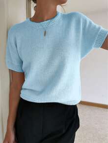 Solid Color Minimalist Fashionable Breathable Round Neck Short Sleeve Knit Top Summer - Baby Blue - View 4