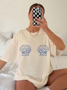 Blusas curvy mujer de algodón, camiseta holgada con estampado de conchas para mujer gordita, tops de verano casuales y playeros para dama, blusa básica elegante de hombros caídos para el día a día - Multicolor - Ver 5