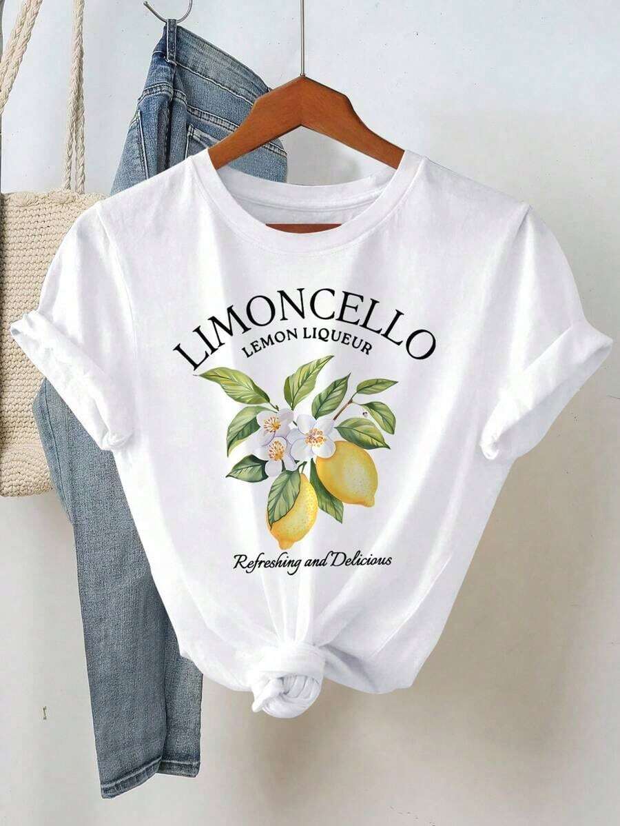 Camiseta Casual de Verano para Mujer con Estampado de Letras y Frutas, Cuello Redondo y Manga Corta, LIMONCELLO LEMON LIQUEUR, Camisetas Gráficas Refrescantes y Deliciosas, Tops de Mujer de Algodón Puro - Blanco - Ver 1