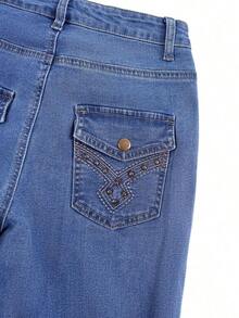 Jeans de talle alto con vuelo de unicolor simple para uso casual y de oficina de las mujeres - Azul 3 - Ver 5