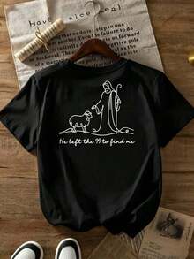 Premium |   1 Playera para Mujer 100% Algodón Transpirable |   Camiseta de manga corta para mujer con estampado religioso - Jesús y el Cordero del Pastor con la frase "Dejó los 99 para encontrarme" (Mateo 18:12-14), cuello redondo, estilo casual para iglesia, atuendo informal y ropa religiosa - Ideal para el verano. Ecológico - Negro - Ver 4