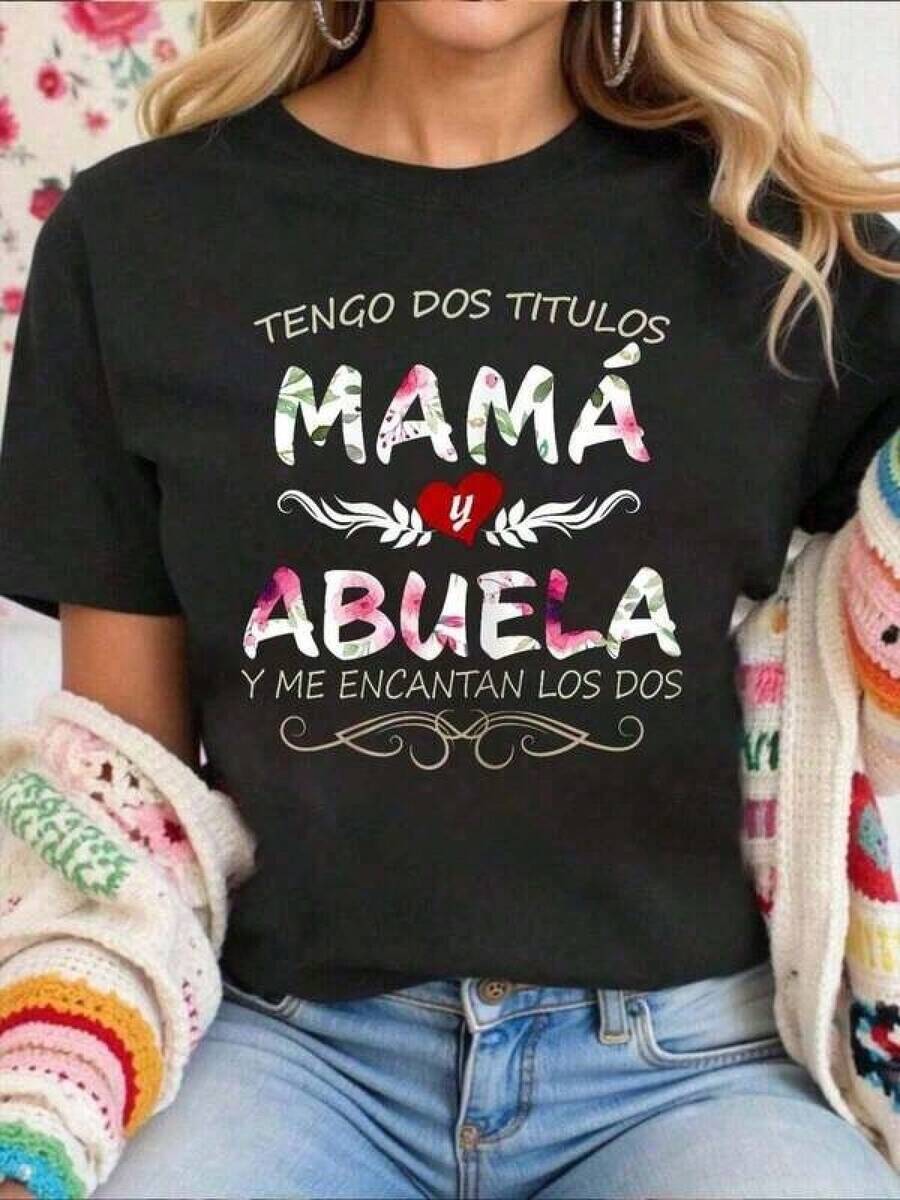 Damt-shirts med grafiskt tryck, bomullst-shirt för mamma och mormor, blus för mors dag, bekväm damt-shirt, 100 % bomull, sommarklänning för kvinnor, avslappnad t-shirt med rund hals, bekväm och moderiktig med bokstavstryck för unga flickor - Svart - Visa 1