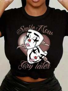 Smile Now, Cry Later - Women's T-Shirt, Short Sleeve, Round Neck, Printed, Casual Summer Fashion 2EYN - 黑色 - 查看 6