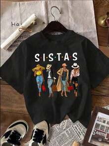 Playera de mujer 100% algodón manga corta cuello redondo gráfico de frase "sistas" con estampado de mujeres para verano - Negro - Ver 2
