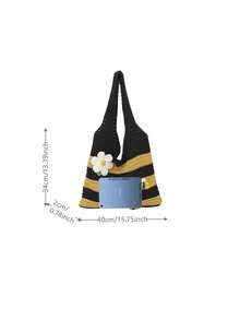 Túi tote móc len cỡ lớn họa tiết ong và hoa | Kiểu dáng đan sọc + trang trí 3D, đựng được sách vở, ô dù, đồ dùng hàng ngày, đa năng cho sinh viên, nhân viên văn phòng đi làm. - Nhiều màu - Xem 3