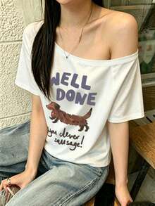 Áo thun nữ tay ngắn trễ vai, chất liệu polyester, in hình chó Dachshund ngộ nghĩnh, co giãn tốt, dáng suông. - trắng - Xem 4