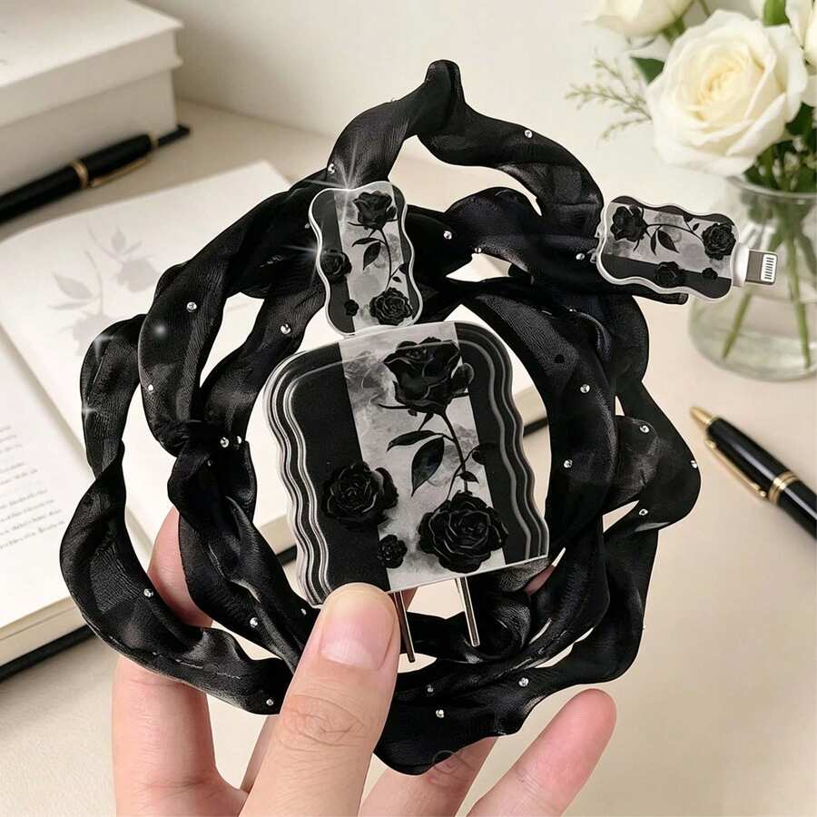 4pcs Black Floral Charger And Cable Protective Case Set, Compatible With Apple 18-20W Charging Cable, Anti-Breakage Cable Organizer - Black - View 1