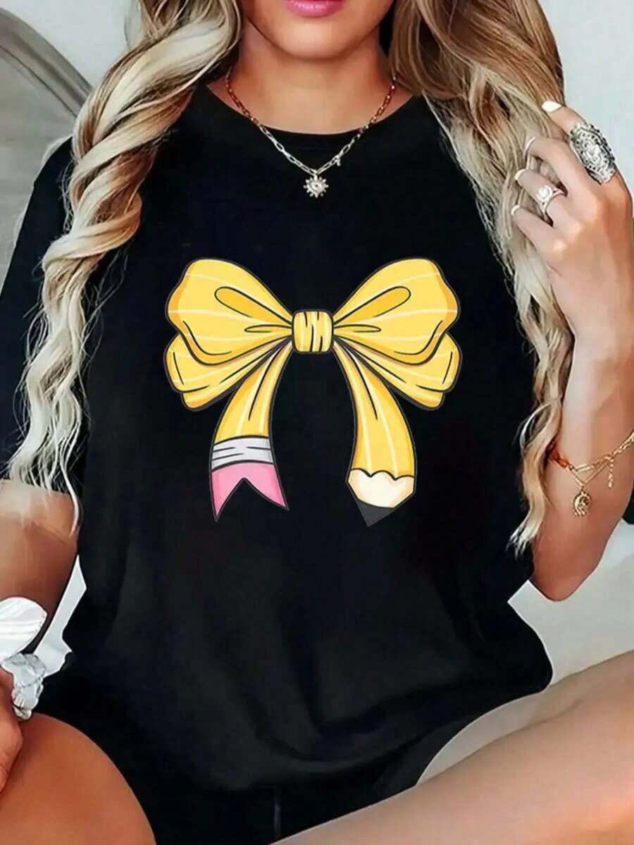 1 Piece Of Women's T-Shirt, Fashionable Cool Casual Crew Neck T-Shirt With Printed Letters, Women's Sweater Clothing For All Seasons (Spring, Summer, Autumn, Winter), Suitable For Sports/Beach/Street/Party, As A Gift For Him/Her, Friends - 180g And 100% Cotton (S-3XL, Local Shipping) - 黑黃背景 - 查看 1