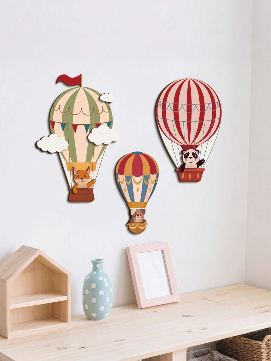 3pcs Forest Animal Hot Air Balloon Decor, Including Cute Fox And Panda Decorations, Suitable For Amusement Park Wall Decor, Baby Shower Party And Baby Theme Party - Multicolor - View 1