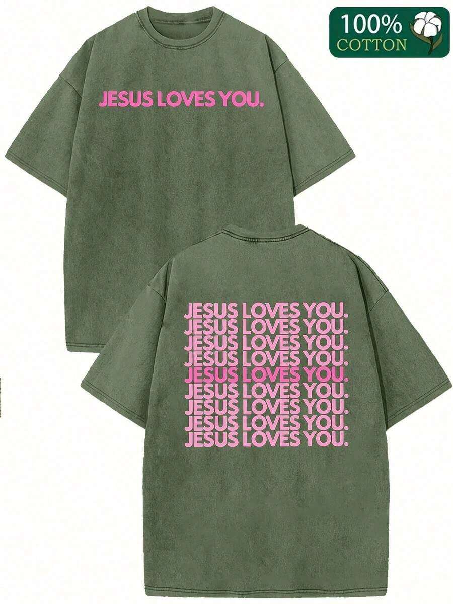 230GSM T-Shirt With Intense Wash Effect - Religious Print T-Shirt 'Jesus Loves You', Lettering In Pink, Green And Pink With Double-Sided Print - Christian Clothing, Unisex Crew Neck Top, Suitable For Church, Casual Wear, Ideal For Gifting - Y2K Soft And Machine Washable Crew Neck T-Shirt. - 白色 - 查看 1