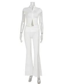 Two-Piece Set: Adjustable Cardigan And Plain Chic Style Pants - White - View 8