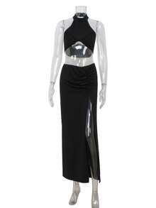 Conjunto de top halter y falda larga con abertura color liso elegante y cómodo - Negro - Ver 8