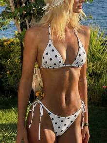 Swim Mod Conjunto de bikini de mujer con estampado de lunares, de cintura baja y con lazo en el cuello, nuevo para el verano - Blanco y Negro 2 - Ver 6
