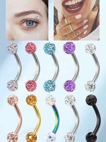 1/5pcs Full Rhinestone Ball Eyebrow Ring, Stainless Steel Round Ball Multi-Color Eyebrow Stud, Unisex Eyebrow Jewelry - Diamond Ball Model - View 1